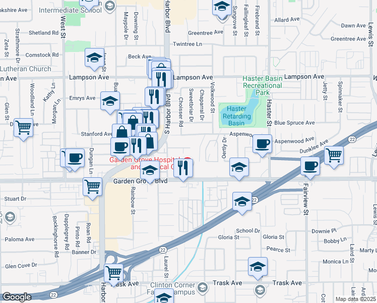 map of restaurants, bars, coffee shops, grocery stores, and more near 12854 Palm Street in Garden Grove