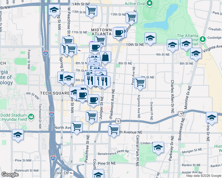 map of restaurants, bars, coffee shops, grocery stores, and more near 792 Piedmont Avenue Northeast in Atlanta