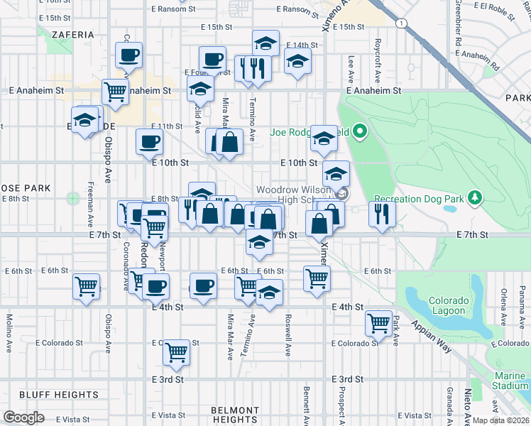 map of restaurants, bars, coffee shops, grocery stores, and more near 749 Belmont Avenue in Long Beach