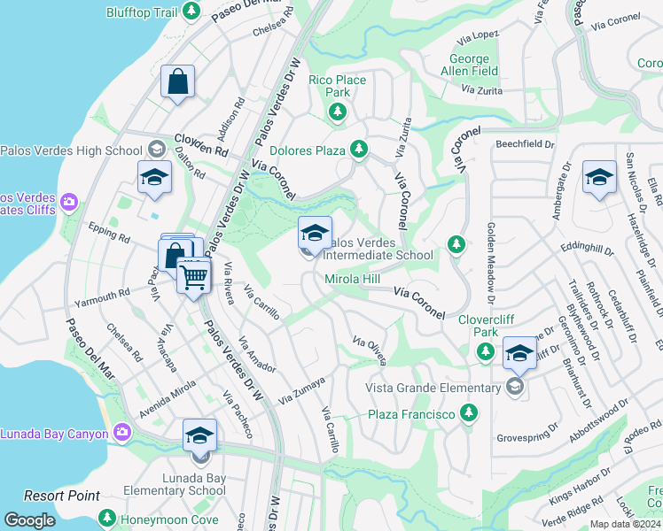 map of restaurants, bars, coffee shops, grocery stores, and more near 2136 Vía Estudillo in Palos Verdes Estates