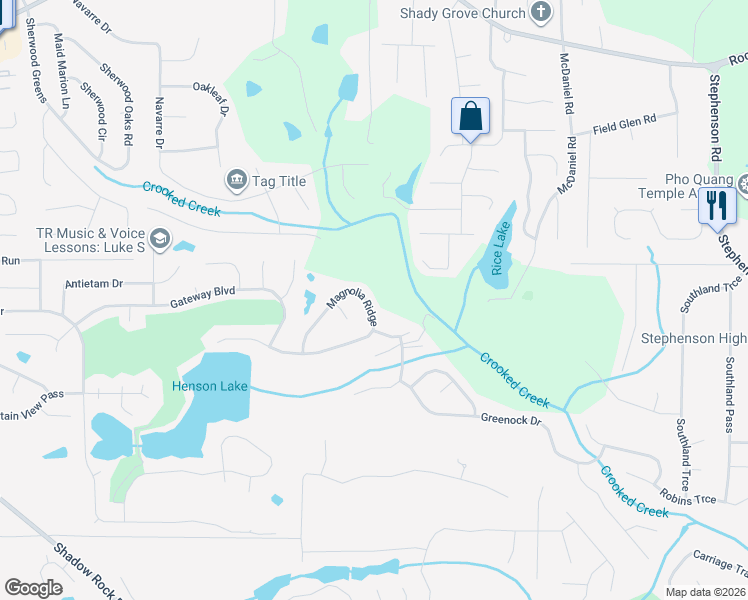 map of restaurants, bars, coffee shops, grocery stores, and more near 6163 Magnolia Ridge in Stone Mountain