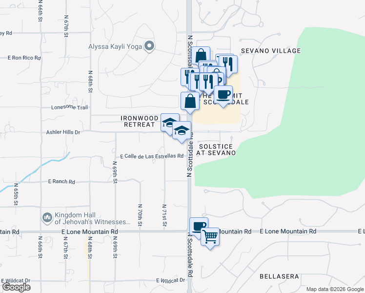 map of restaurants, bars, coffee shops, grocery stores, and more near 7191 Ashler Hills Drive in Scottsdale
