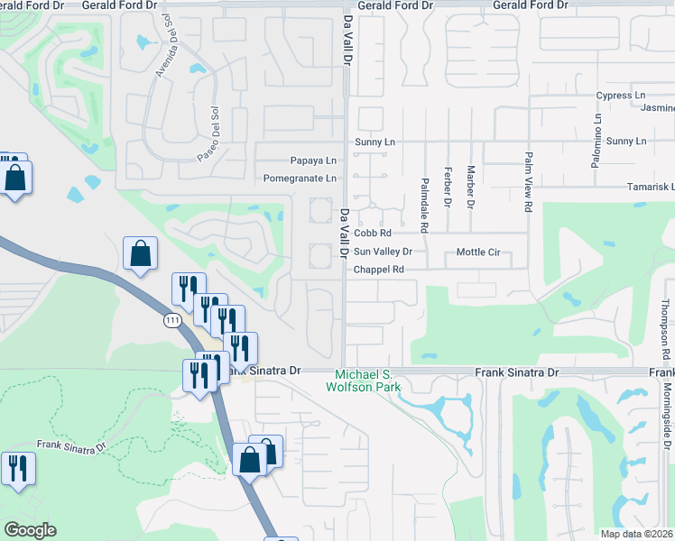 map of restaurants, bars, coffee shops, grocery stores, and more near 3 Chandra Lane in Rancho Mirage
