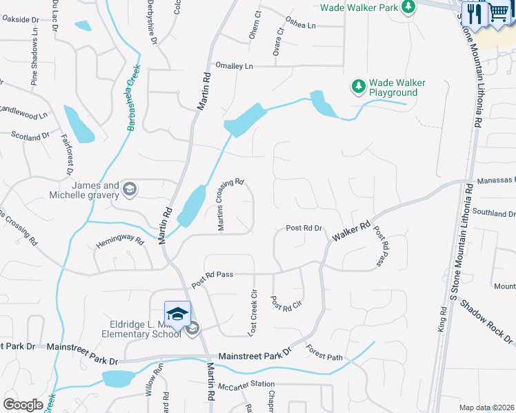 map of restaurants, bars, coffee shops, grocery stores, and more near 5355 Martins Crossing Road in Stone Mountain