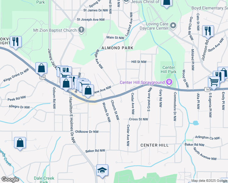 map of restaurants, bars, coffee shops, grocery stores, and more near 781 Peyton Avenue Northwest in Atlanta