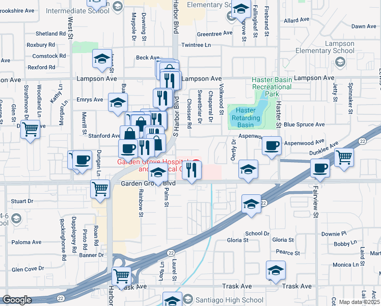 map of restaurants, bars, coffee shops, grocery stores, and more near 12850 Palm Street in Garden Grove