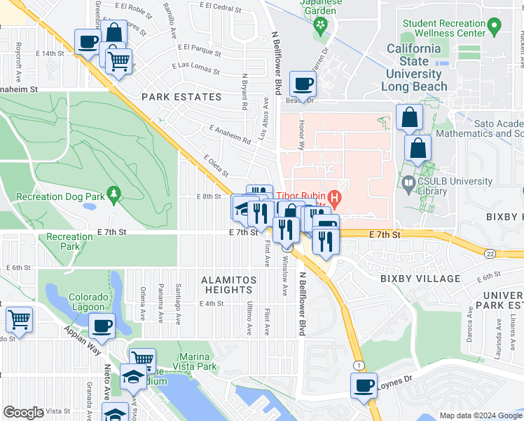 map of restaurants, bars, coffee shops, grocery stores, and more near 5585 East Pacific Coast Highway in Long Beach