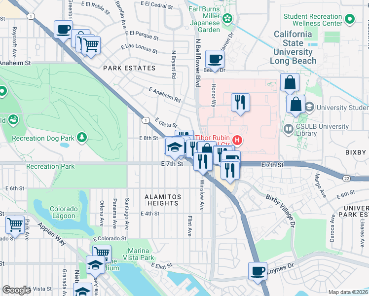map of restaurants, bars, coffee shops, grocery stores, and more near 5590 East Oleta Street in Long Beach