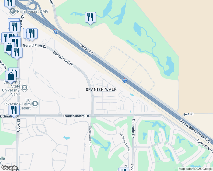 map of restaurants, bars, coffee shops, grocery stores, and more near 225 Paseo Gregario in Palm Desert