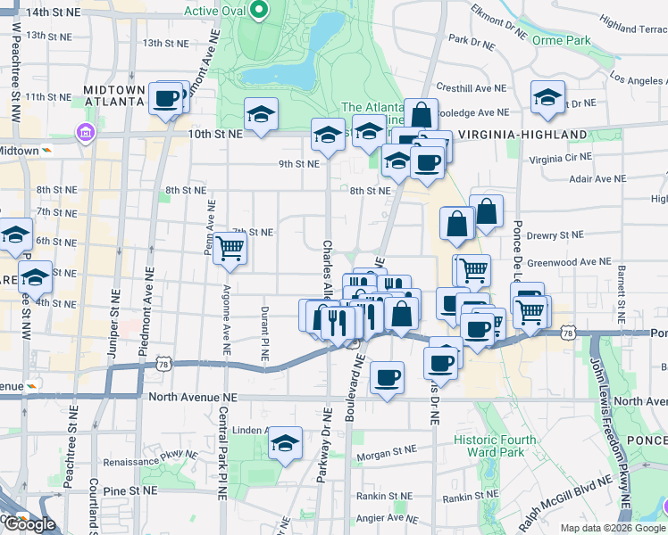 map of restaurants, bars, coffee shops, grocery stores, and more near 453 Greenwood Avenue Northeast in Atlanta