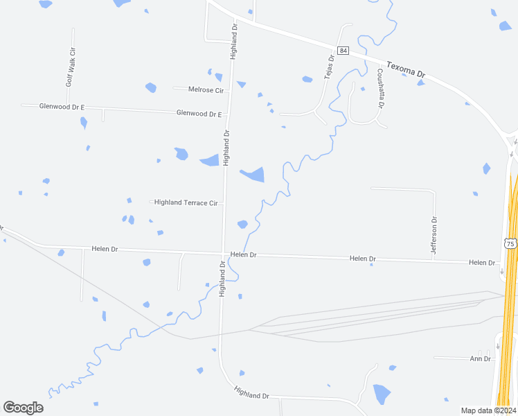 map of restaurants, bars, coffee shops, grocery stores, and more near 5000 Highland Drive in Denison