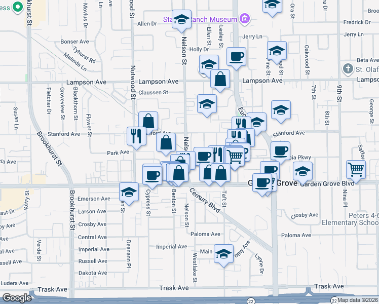 map of restaurants, bars, coffee shops, grocery stores, and more near 12831 Arbor Court in Garden Grove