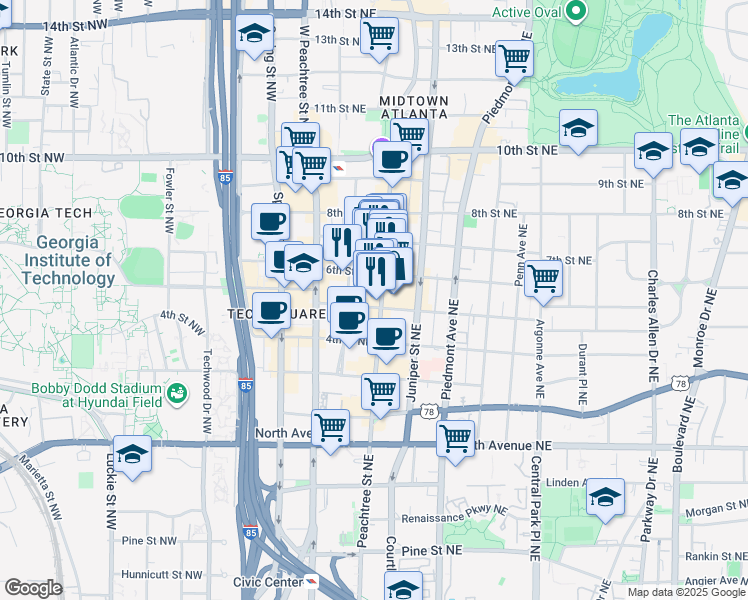 map of restaurants, bars, coffee shops, grocery stores, and more near 800 West Peachtree Street Northwest in Atlanta