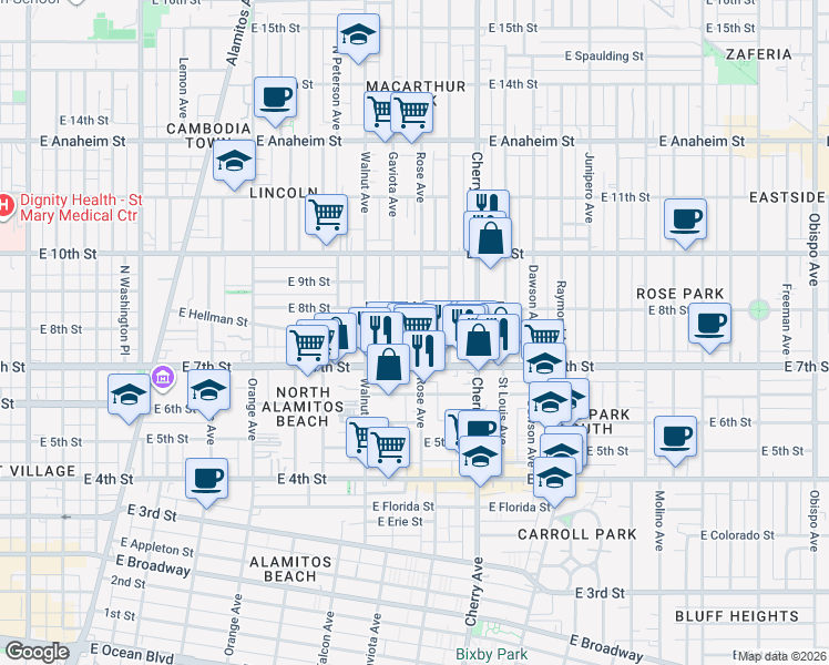 map of restaurants, bars, coffee shops, grocery stores, and more near 761 Rose Avenue in Long Beach