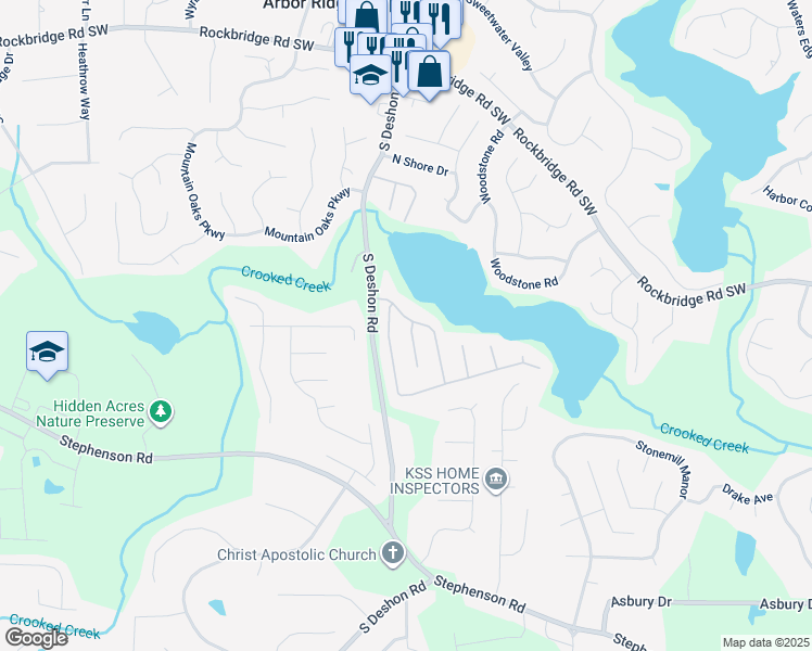 map of restaurants, bars, coffee shops, grocery stores, and more near 665 Shore Lane in Lithonia