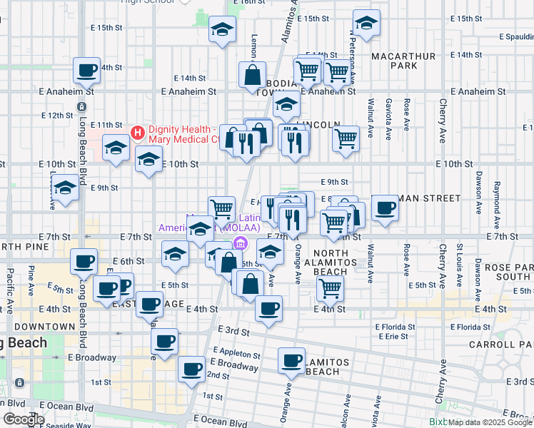 map of restaurants, bars, coffee shops, grocery stores, and more near 765 Cerritos Avenue in Long Beach