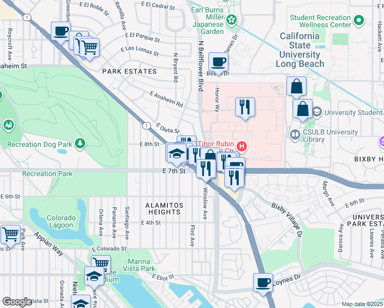 map of restaurants, bars, coffee shops, grocery stores, and more near 5585 East Pacific Coast Highway in Long Beach