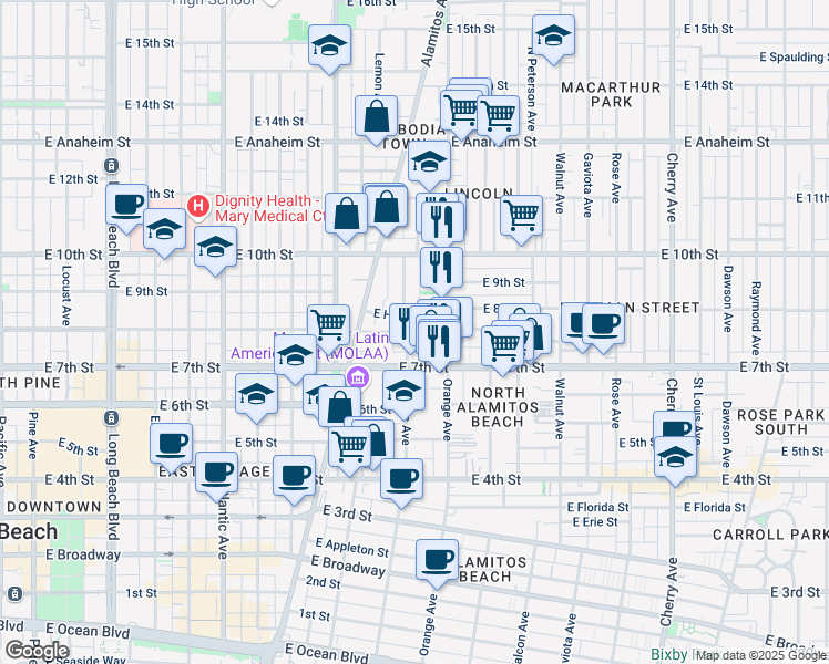 map of restaurants, bars, coffee shops, grocery stores, and more near 758 Cerritos Avenue in Long Beach