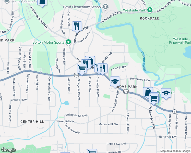 map of restaurants, bars, coffee shops, grocery stores, and more near 2045 Donald Lee Hollowell Parkway Northwest in Atlanta