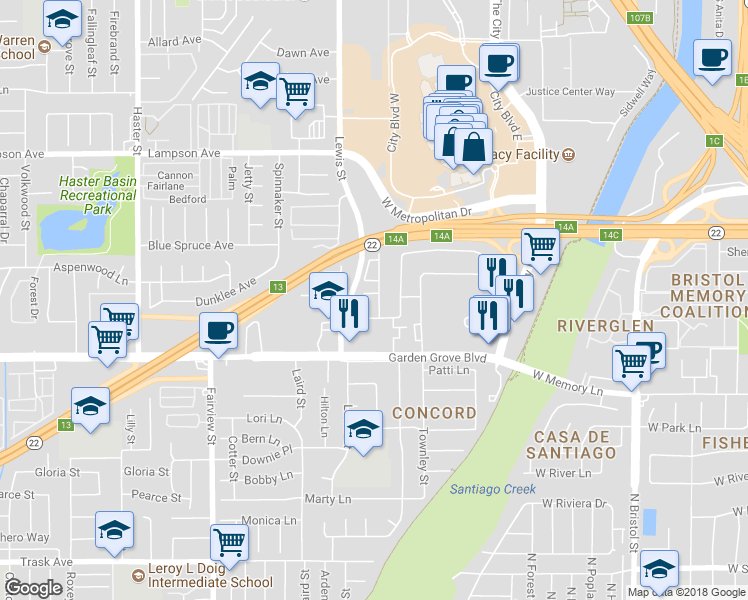 map of restaurants, bars, coffee shops, grocery stores, and more near 3932 West El Prado Avenue in Orange