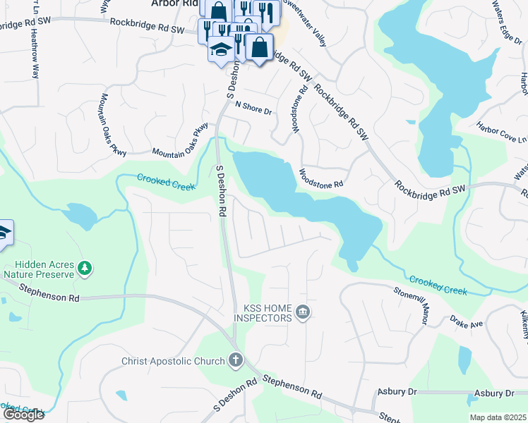 map of restaurants, bars, coffee shops, grocery stores, and more near 7052 Shore Road in Lithonia
