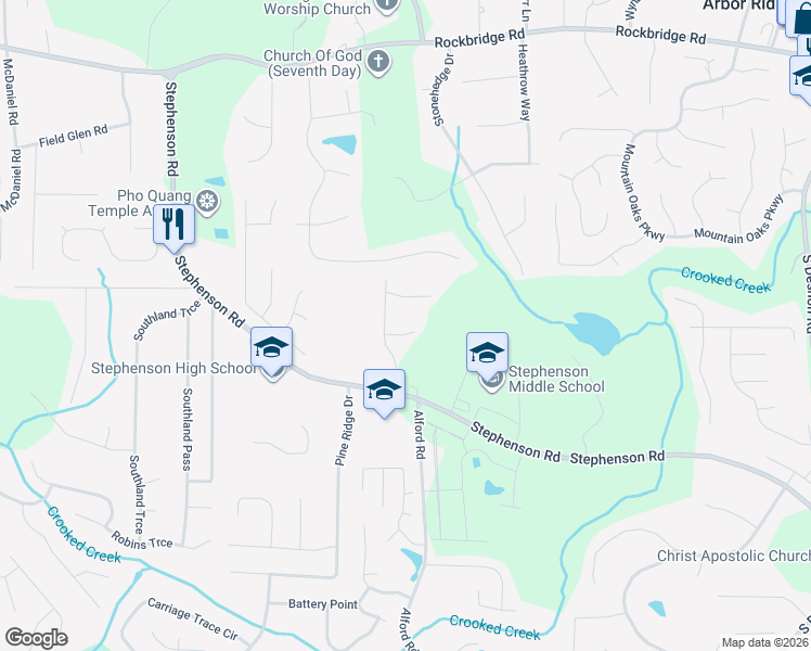 map of restaurants, bars, coffee shops, grocery stores, and more near 6580 Bralorne Court in Stone Mountain