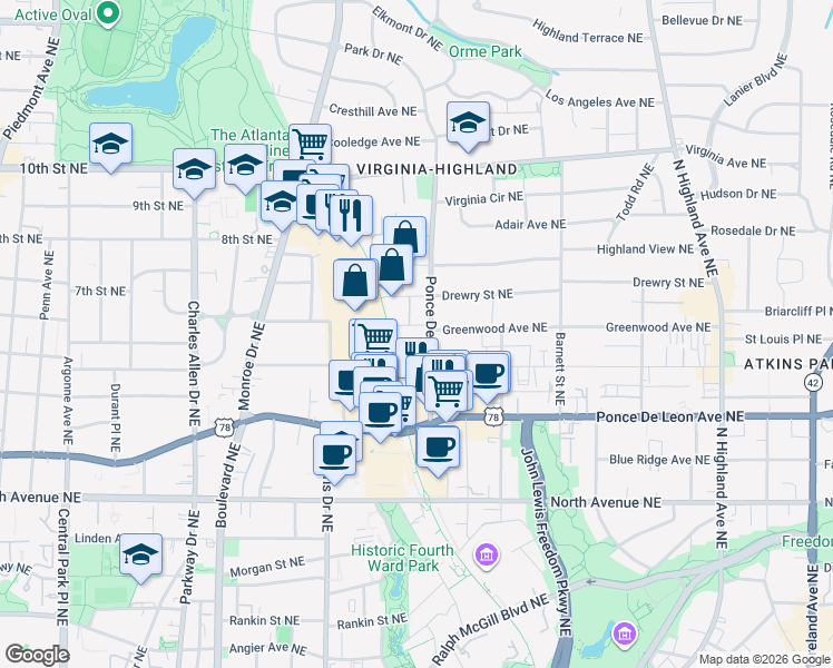 map of restaurants, bars, coffee shops, grocery stores, and more near 800 Ponce De Leon Place Northeast in Atlanta