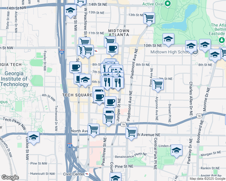 map of restaurants, bars, coffee shops, grocery stores, and more near 811 Peachtree Street Northeast in Atlanta