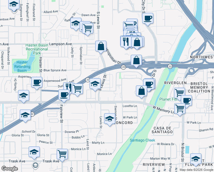 map of restaurants, bars, coffee shops, grocery stores, and more near 763 South Fondren Street in Orange