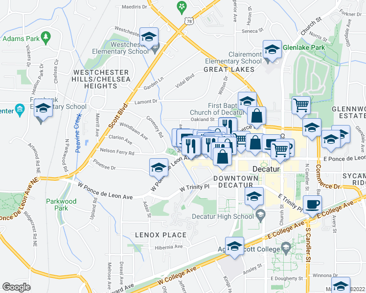 map of restaurants, bars, coffee shops, grocery stores, and more near 117 Northern Avenue in Decatur