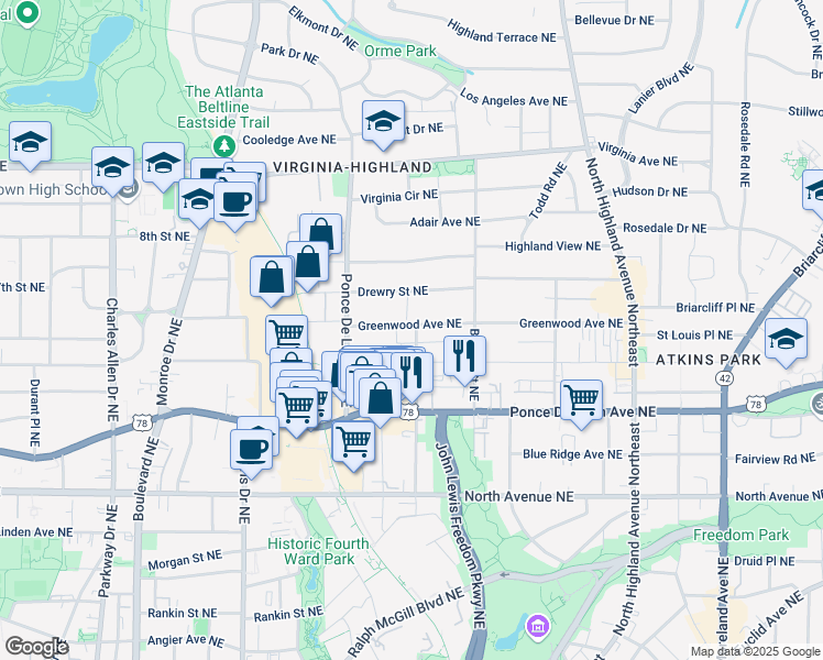 map of restaurants, bars, coffee shops, grocery stores, and more near 797 Greenwood Avenue Northeast in Atlanta