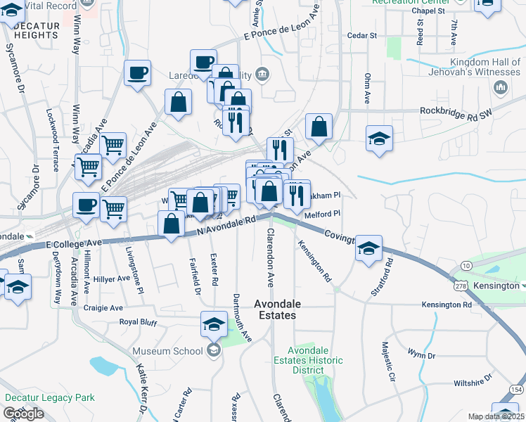 map of restaurants, bars, coffee shops, grocery stores, and more near 119 Center Street in Avondale Estates