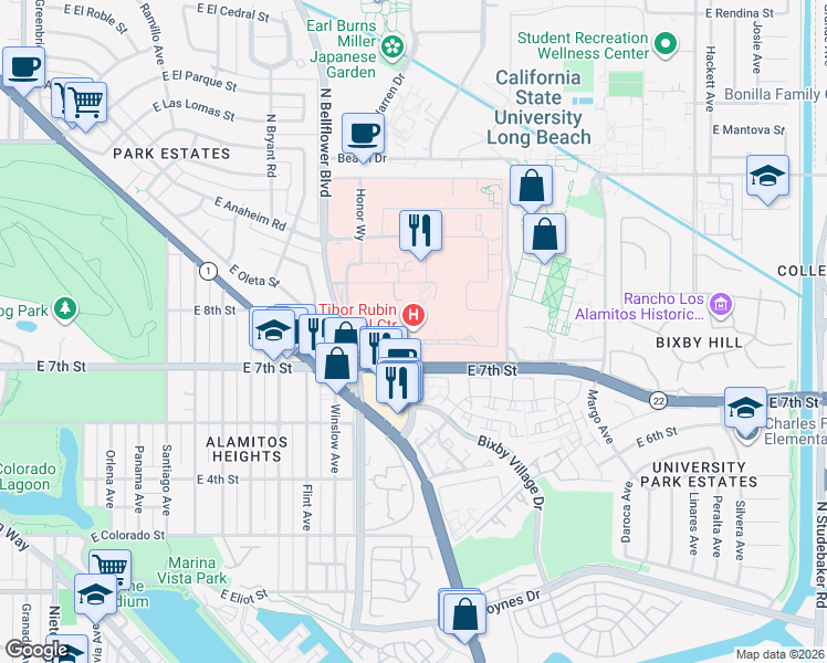 map of restaurants, bars, coffee shops, grocery stores, and more near 5901 East 7th Street in Long Beach