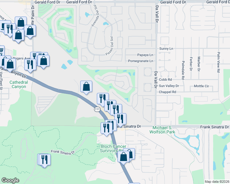 map of restaurants, bars, coffee shops, grocery stores, and more near 335 Vía Don Benito in Cathedral City