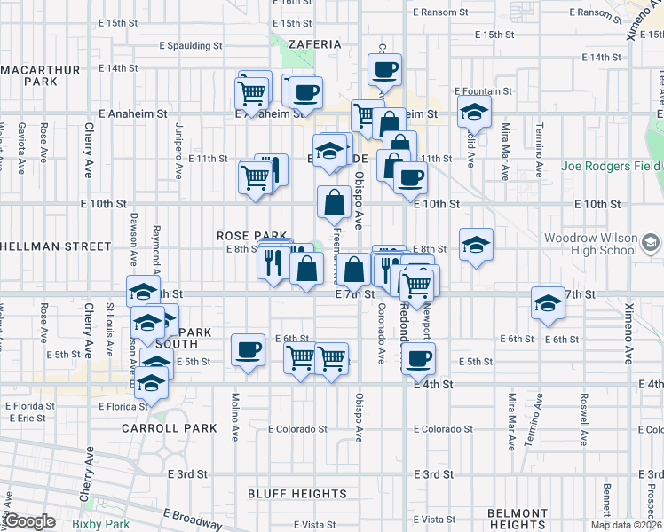 map of restaurants, bars, coffee shops, grocery stores, and more near 759 Freeman Avenue in Long Beach