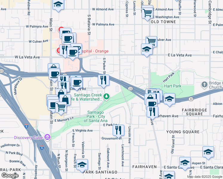 map of restaurants, bars, coffee shops, grocery stores, and more near 721 South Parker Street in Orange