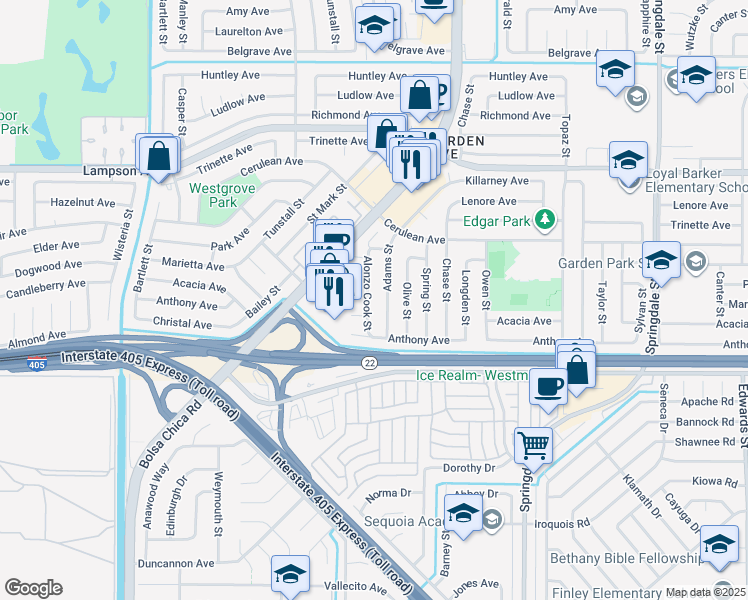 map of restaurants, bars, coffee shops, grocery stores, and more near 12782 Alonzo Cook Street in Garden Grove