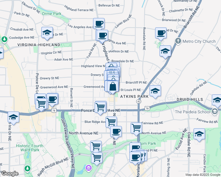 map of restaurants, bars, coffee shops, grocery stores, and more near in Atlanta