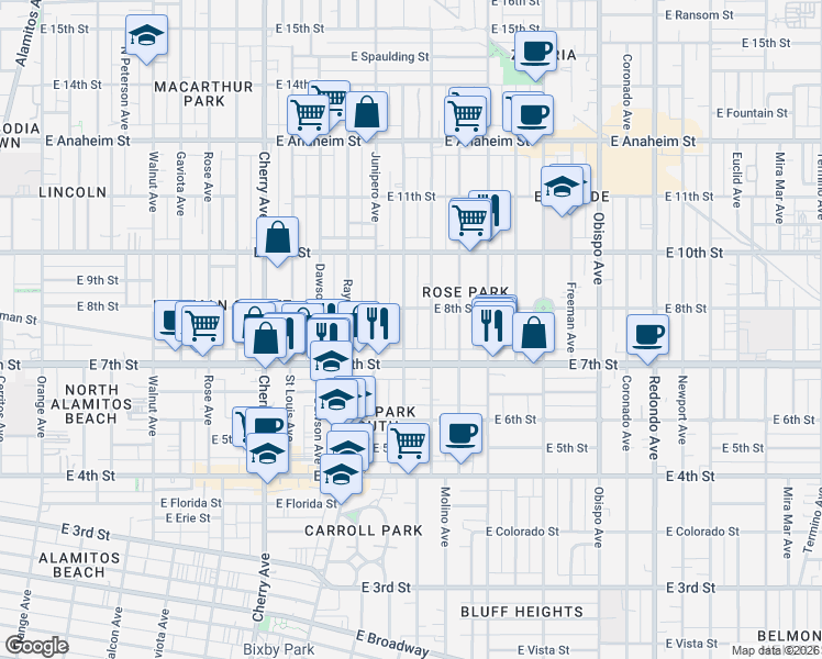 map of restaurants, bars, coffee shops, grocery stores, and more near 760 Stanley Avenue in Long Beach
