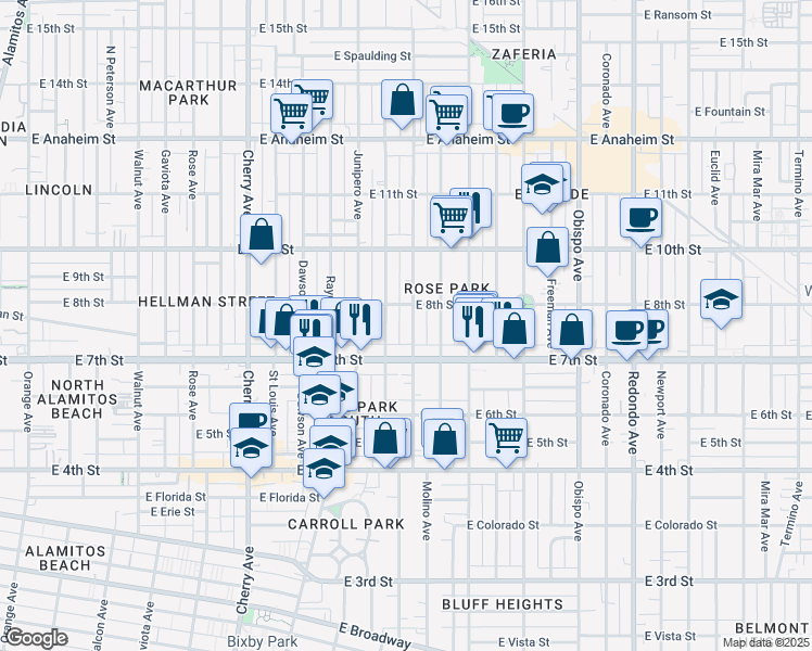 map of restaurants, bars, coffee shops, grocery stores, and more near 757 Molino Avenue in Long Beach