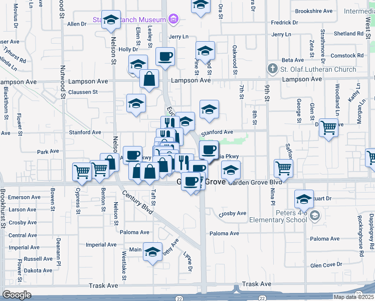 map of restaurants, bars, coffee shops, grocery stores, and more near 11105 Linda Lane in Garden Grove