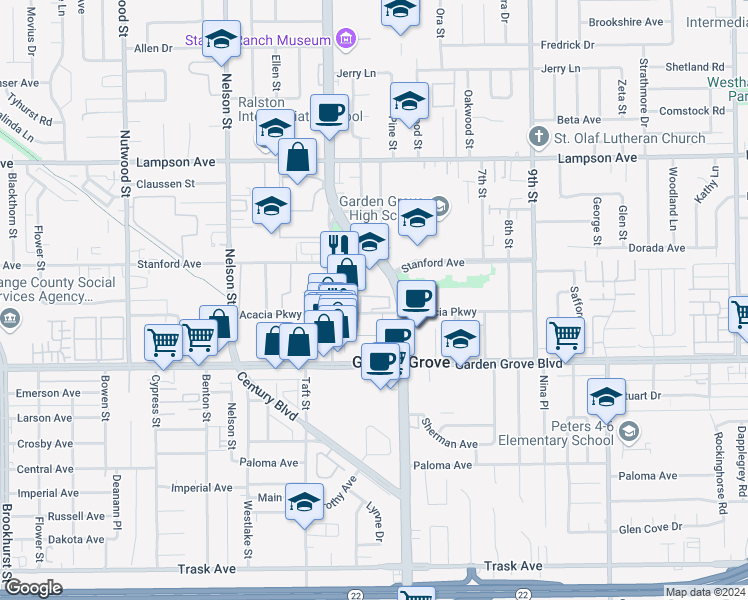 map of restaurants, bars, coffee shops, grocery stores, and more near 11105 Linda Lane in Garden Grove