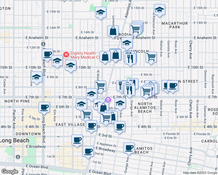 map of restaurants, bars, coffee shops, grocery stores, and more near 1040 Brenner Place in Long Beach