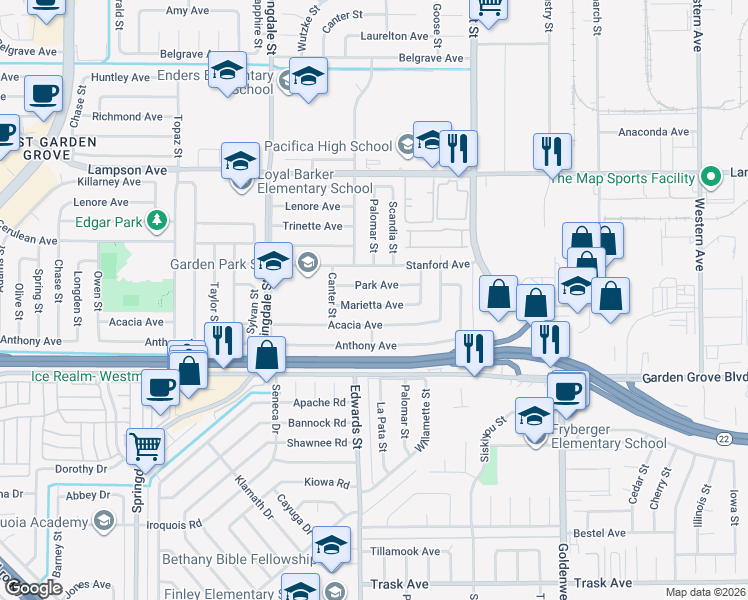 map of restaurants, bars, coffee shops, grocery stores, and more near 6741 Marietta Avenue in Garden Grove