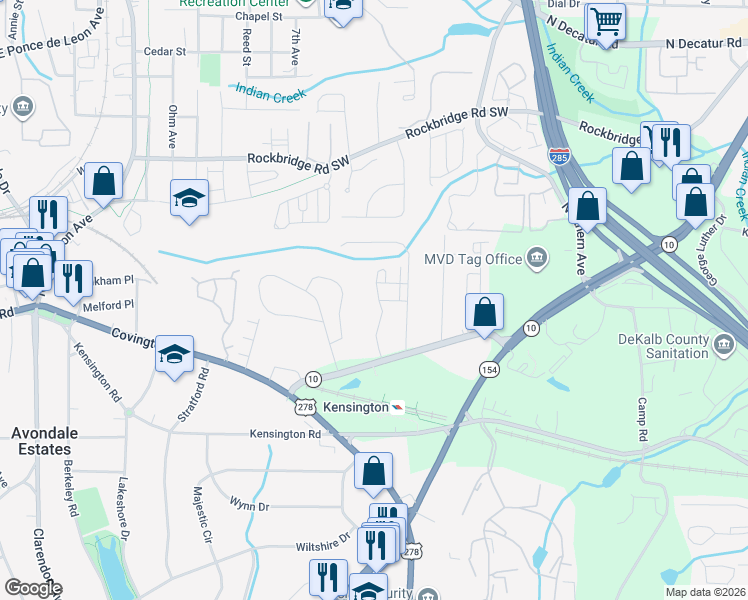 map of restaurants, bars, coffee shops, grocery stores, and more near 649 Avondale Creek Drive in Decatur