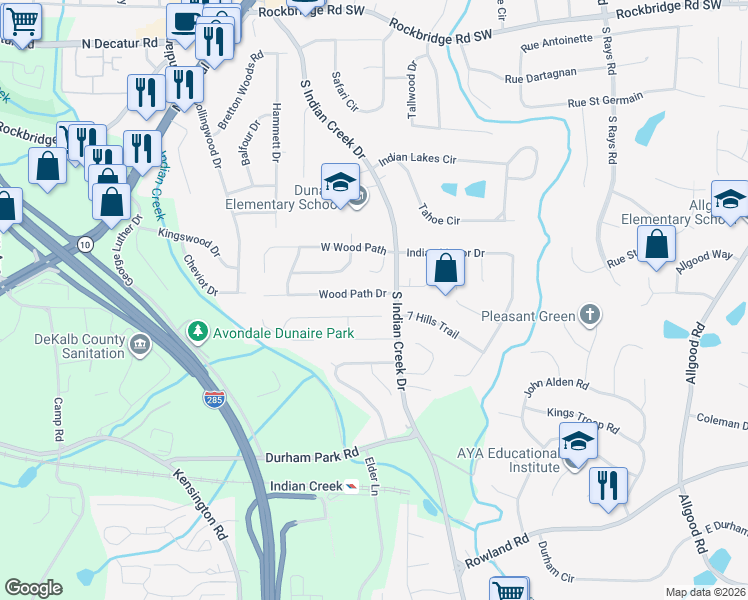 map of restaurants, bars, coffee shops, grocery stores, and more near 3958 Wood Path Drive in Stone Mountain