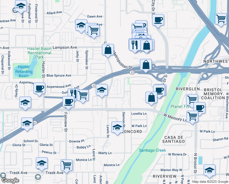 map of restaurants, bars, coffee shops, grocery stores, and more near 763 South Fondren Street in Orange