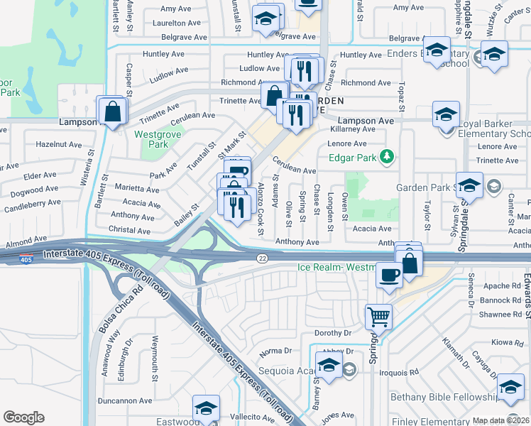 map of restaurants, bars, coffee shops, grocery stores, and more near 12782 Alonzo Cook Street in Garden Grove