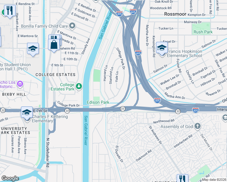 map of restaurants, bars, coffee shops, grocery stores, and more near 117 Yale Lane in Seal Beach
