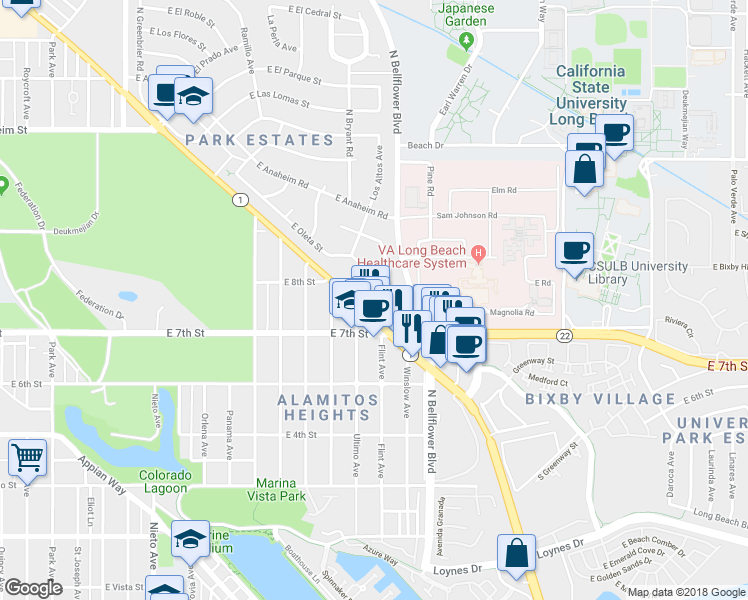 map of restaurants, bars, coffee shops, grocery stores, and more near 5590 East Oleta Street in Long Beach